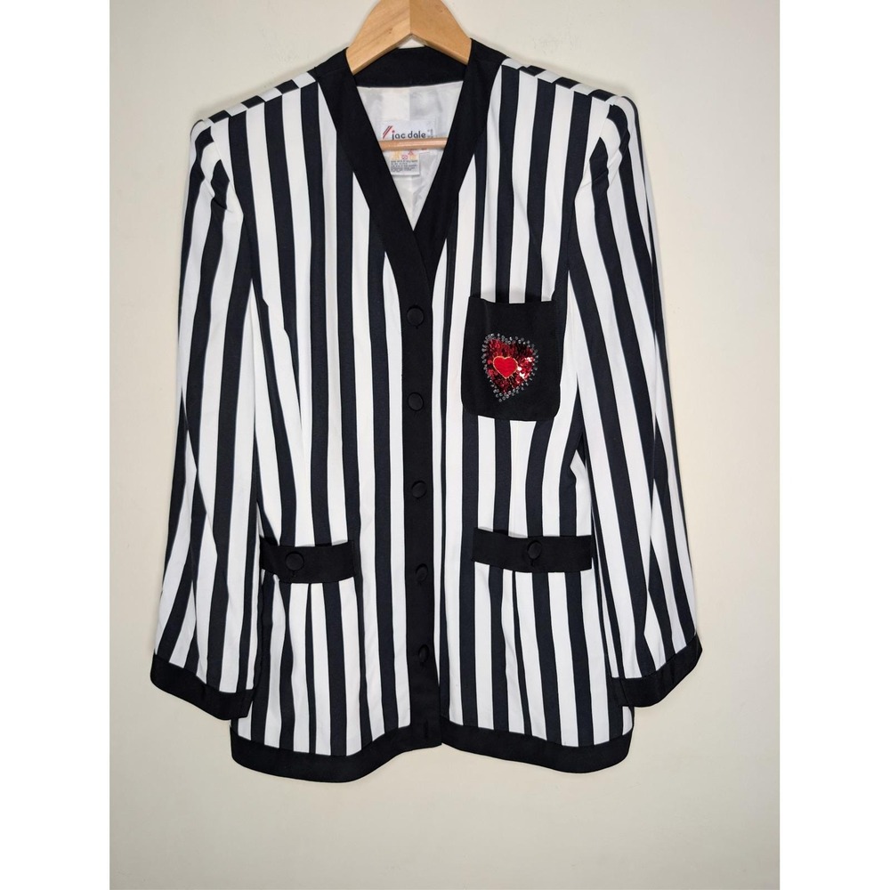 Jac Dole Graphic Stripe Blazer Cardigan Sequin Heart Pocket Avant Garde‎ Sz 40